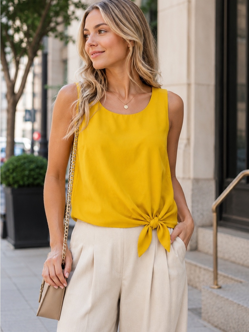 Ophelia Roe Mustard Tie-Front Sleeveless Blouse | Small